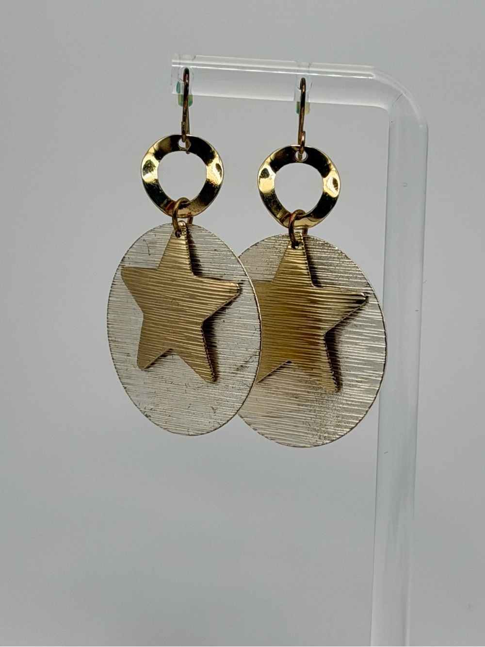 Gold Silver Tone Star Dangle Earrings Large Round Textured Disc Drop Pierced
